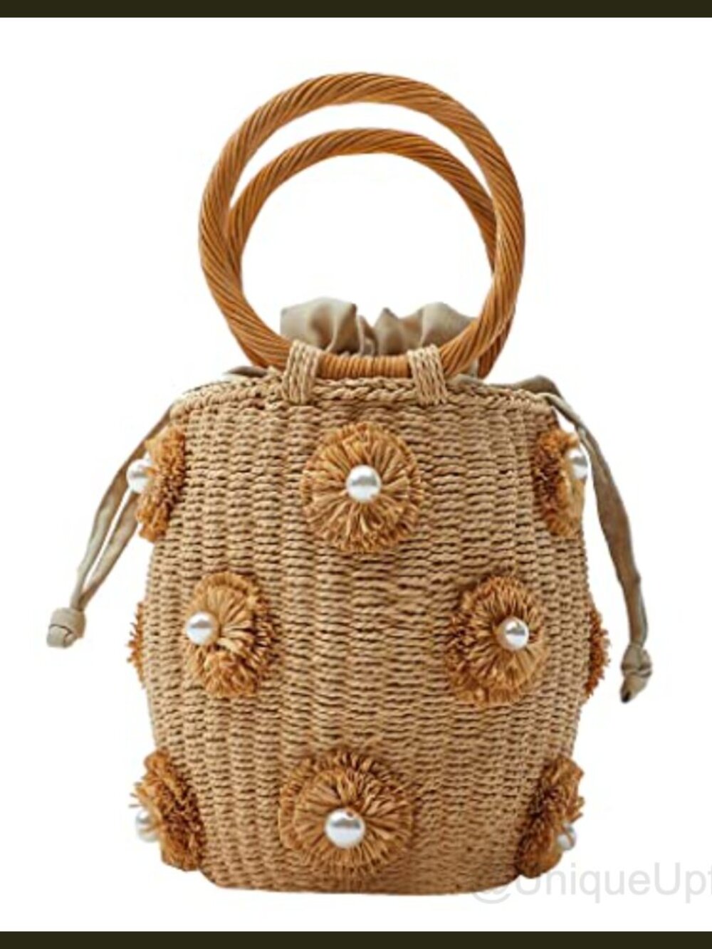 Handmade Rattan Straw Bucket Tote Bag Drawstring Woven Shoulder Beach Bag